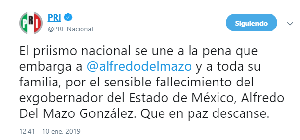 Muere padre de Alfredo del Mazo y exgobernador del Edomex (Twitter PRI)