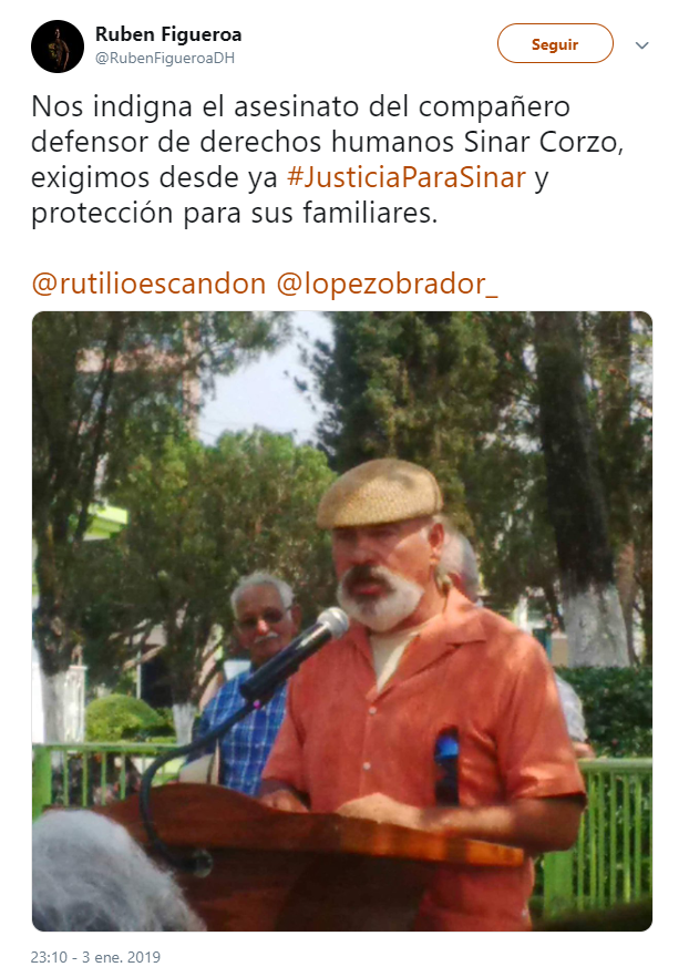 Asesinan al activista Sinar Corzo en Chiapas
