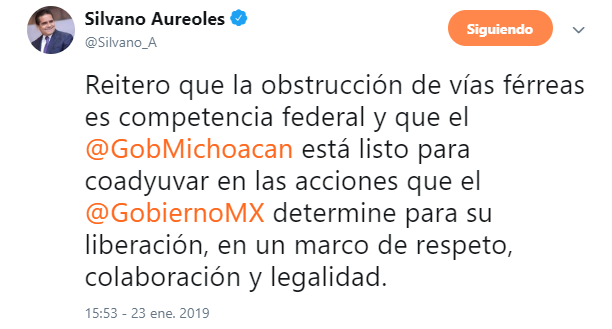 IMAGEN Silvano Aureoles, gobernador de Michoacán, acepta oferta de AMLO para pagar a maestros Tuit