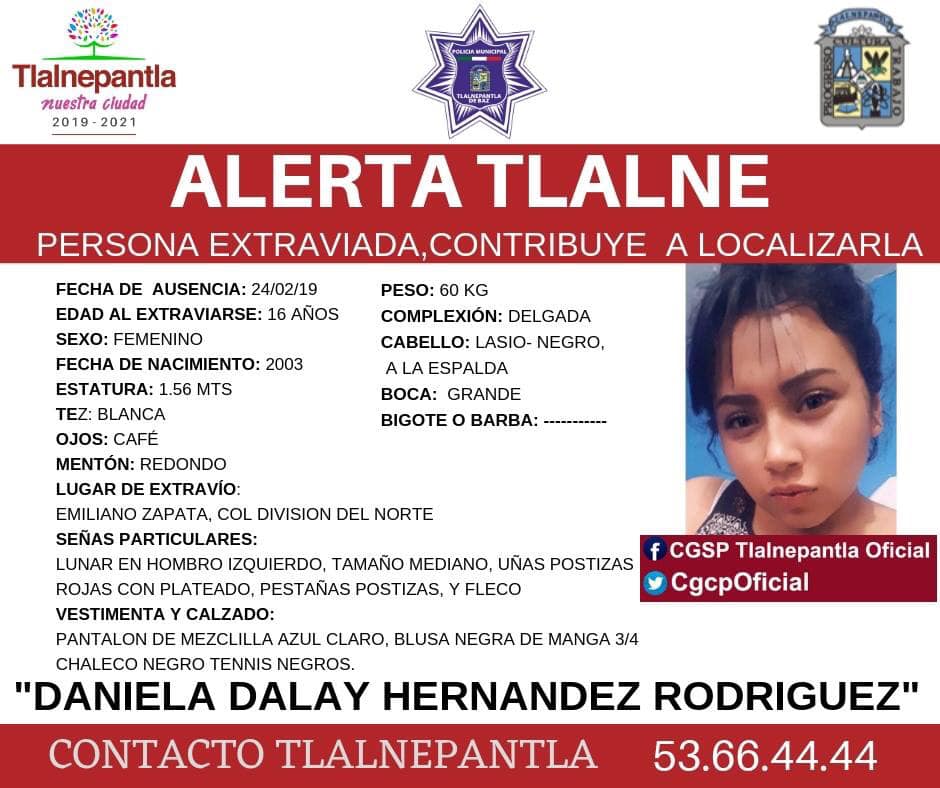 Foto: Alerta de desaparición de Daniela Dalay Hernández Rodríguez 28 febrero 2019