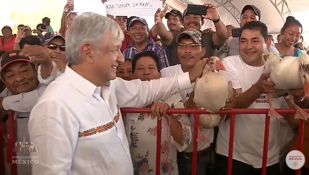 Foto: Dos asistentes al evento le entregaron los dos gansos al presidente Andrés Manuel López Obrador, el 23 de febrero de 2019 (Twitter @wilfrid38500222)