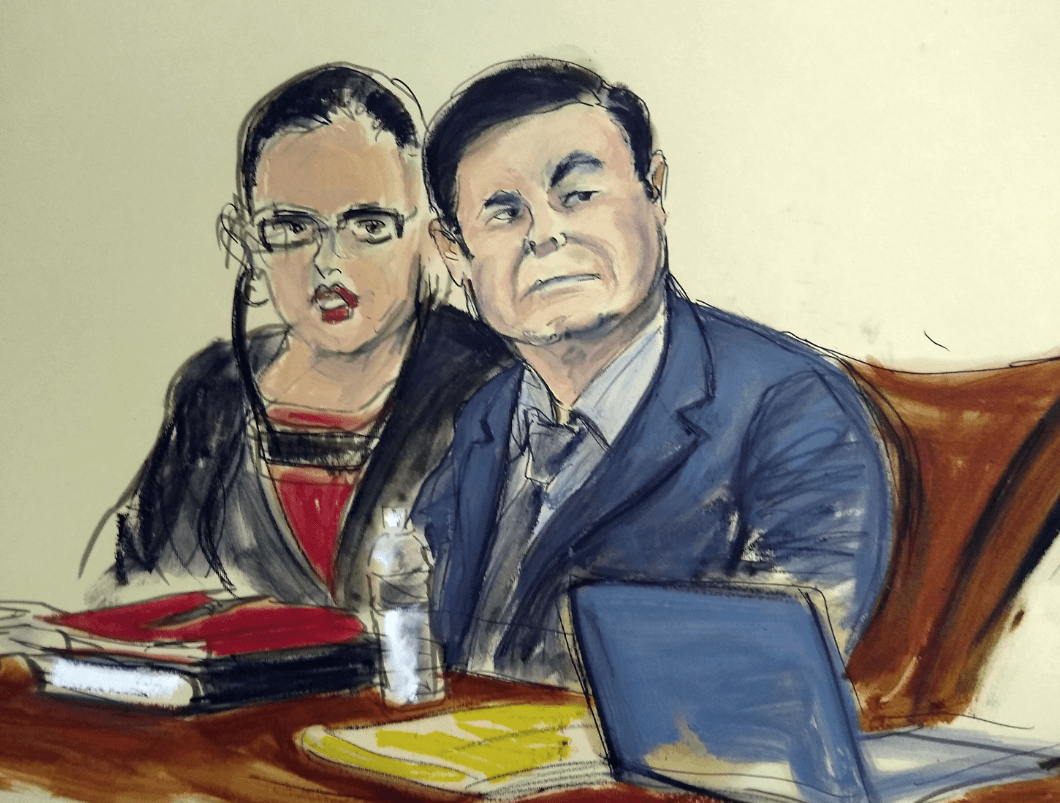 Foto: Dibujo de El Chapo Guzmán durante juicio, 4 febrero 2019, Nueva York, Estados Unidos
