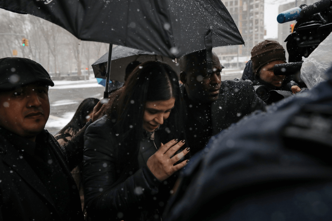 Foto: Emma Coronel, esposa de 'El Chapo' Guzmán, a su llegada a la corte de NY, 12 de febrero 2019, Estados Unidos