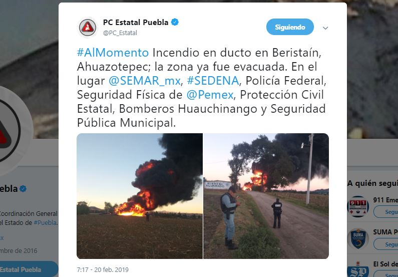 Foto: Explota ducto en Beristaín, Ahuazotepec, en Puebla 20 febrero 2019