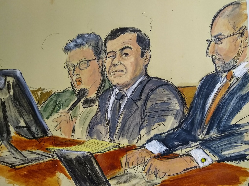 Foto: Boceto de Joaquín “El Chapo” Guzmán durante su juicio en una corte de Nueva York, EEUU, del 30 de enero del 2019