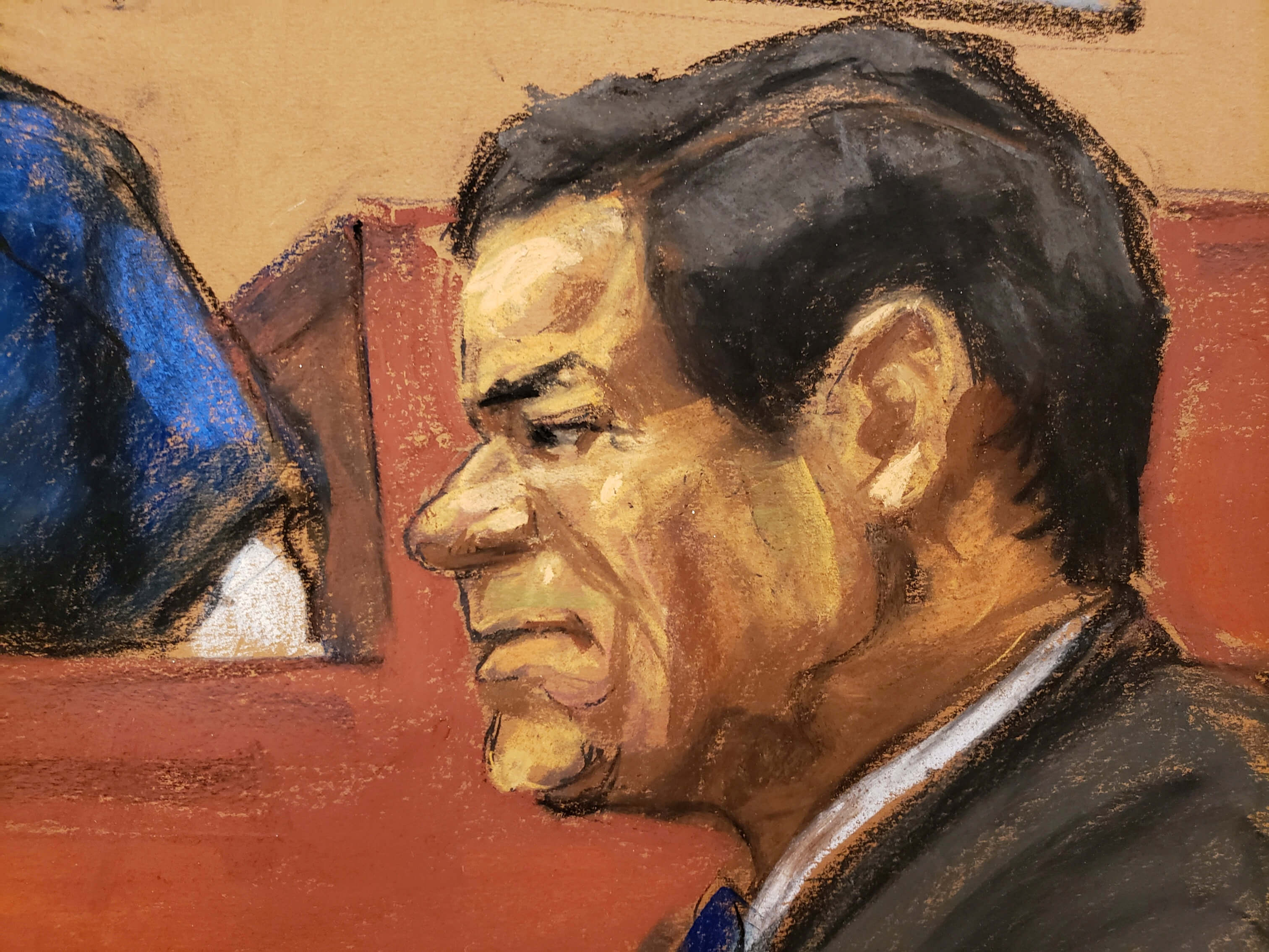 Foto: Boceto de Joaquín “El Chapo Guzmán” durante su juicio en una corte de Nueva York, EEUU, del 24 de enero del 2019