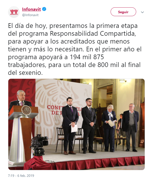 Foto: Tuit del Infonavit sobre programa Responsabilidad Compartida. 6 de febrero 2019, Ciudad de México