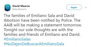 Foto: Los restos del avión que llevaba Emiliano Sala y pilotado por David Ibbotson fueron ubicados, 3 de febrero de 2019 (Twitter: @davidlmearns)