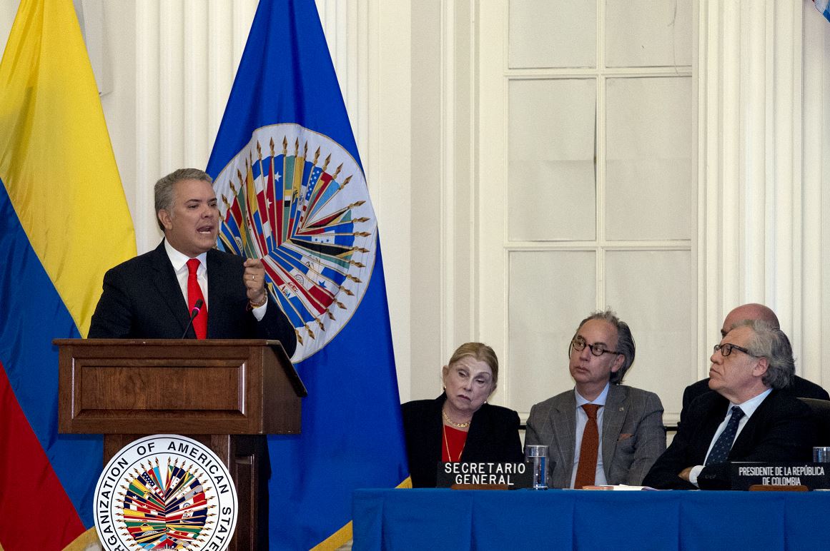 fOTO:El presidente colombiano Iván Duque se dirige al Consejo Permanente de la Organización de Estados Americanos durante una visita oficial a la sede de la OEA en Washington, 15 febrero 2019