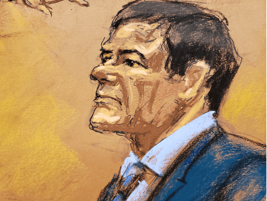 Foto: Dibujo de Joaquín El Chapo Guzmán durante su juicio en Nueva York, 31 Enero 2019, Estados Unidos