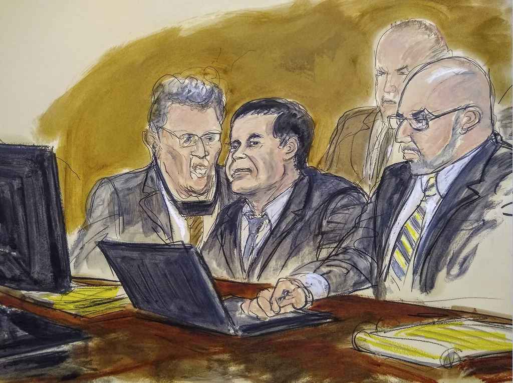 Imagen: Boceto de Joaquín “El Chapo” Guzmán durante su juicio en una corte de Nueva York, Estados Unidos, 7 febrero 2019