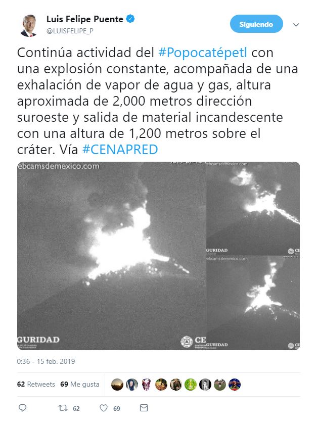 popocatepetl registra tres explosiones acompañadas de material incandescente y ceniza