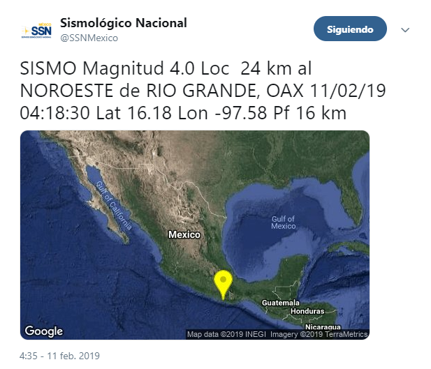 IMAGEN Se registran numerosos sismos en Oaxaca 11 febrero 2019