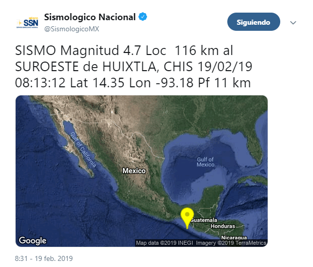 IMAGEN Sismo de magnitud 4.7 se registra en Huixtla, Chiapas Twitter SSN 19 febrero 2019