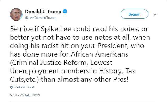 Imagen: Tuit de Donald Trump sobre el cineasta Spike Lee, 25 de febrero de 2019, Estados Unidos 