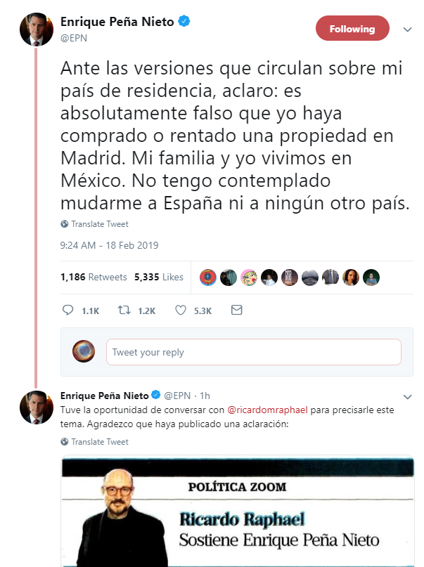 IMAGEN Tuit de Peña Nieto sobre la columna de Ricardo Raphael / mexico Twitter @EPN 18 febrero 2019