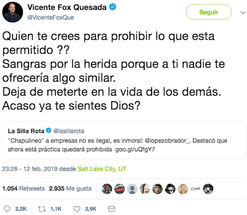 Foto Vicente Fox Tuit 14 Febrero 2019