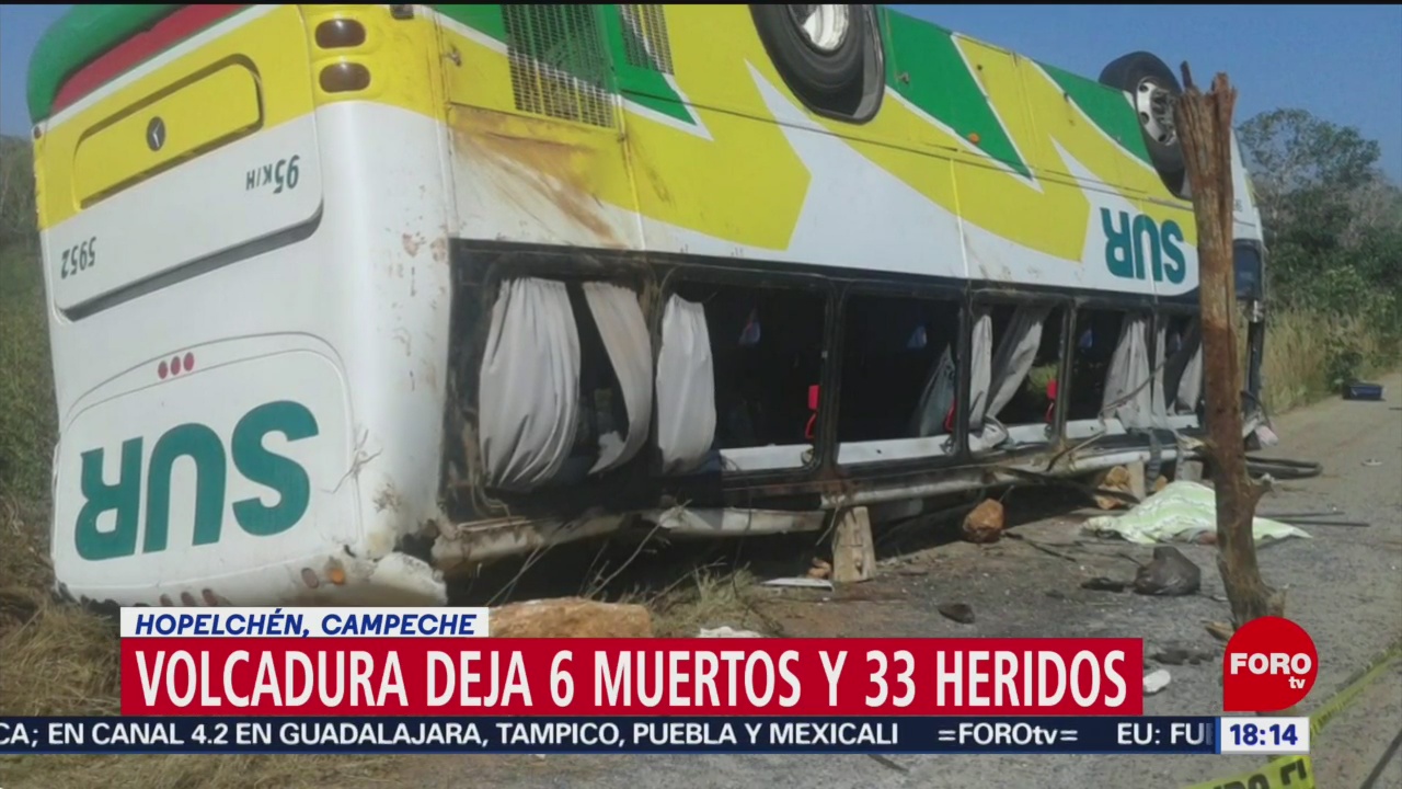 Foto: Volcadura de autobús deja seis muertos en Campeche