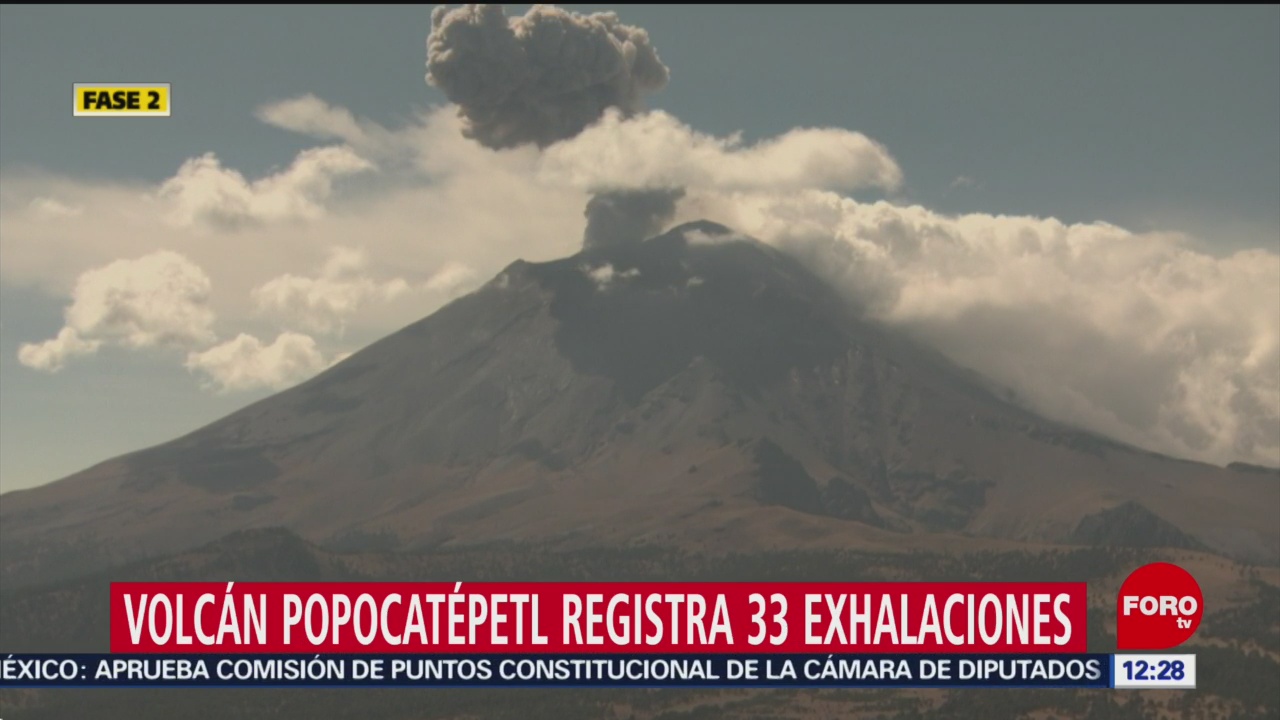 Volcán Popocatépetl emite 33 exhalaciones