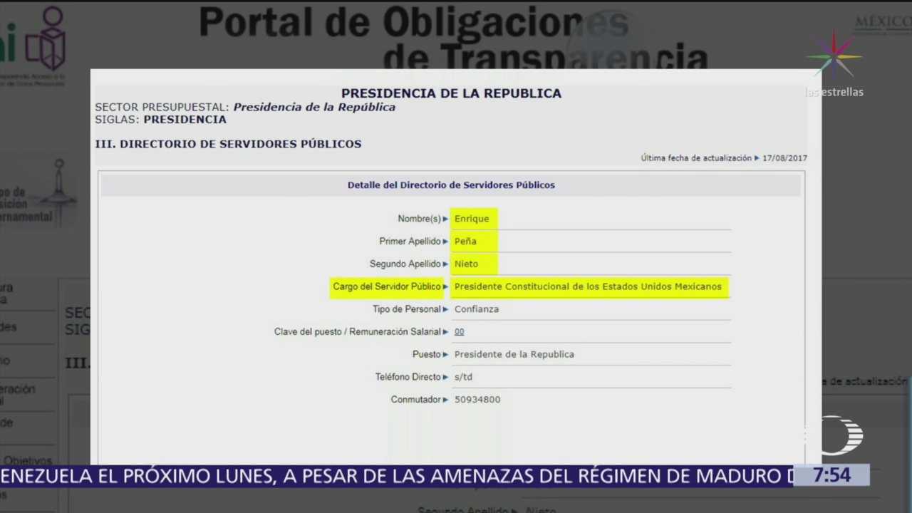 Aclaración sobre actualización de datos donde EPN aparece como presidente