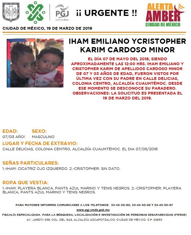 Alerta Amber Iham Emiliano y Cristopher Karim Cardoso Minor 20 marzo 2019