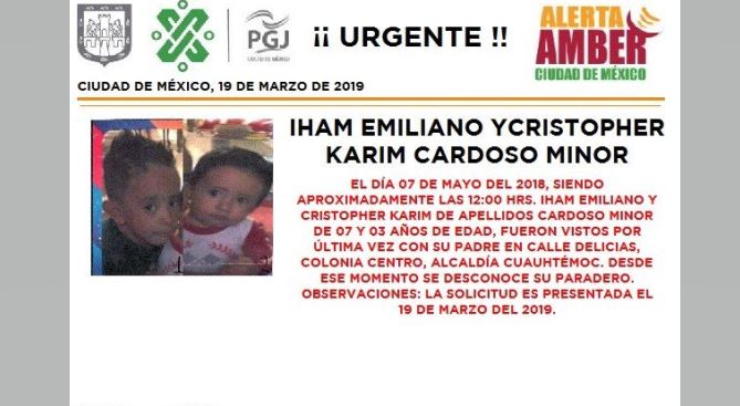 Alerta Amber Iham Emiliano y Cristopher Karim Cardoso Minor 20 marzo 2019