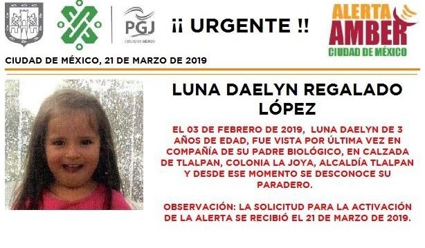 Activan Alerta Amber para localizar a Luna Daelyn Regalado López en CDMX, 21 marzo 2019