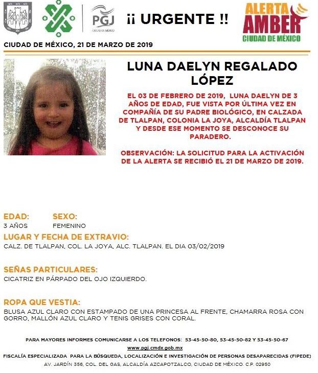 fOTO:Activan Alerta Amber para localizar a Luna Daelyn Regalado López en CDMX, 21 MARZO 2019
