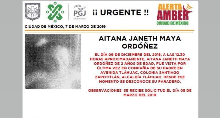 Alerta Amber: Ayuda a localizar a Aitana Janeth Maya Ordóñez