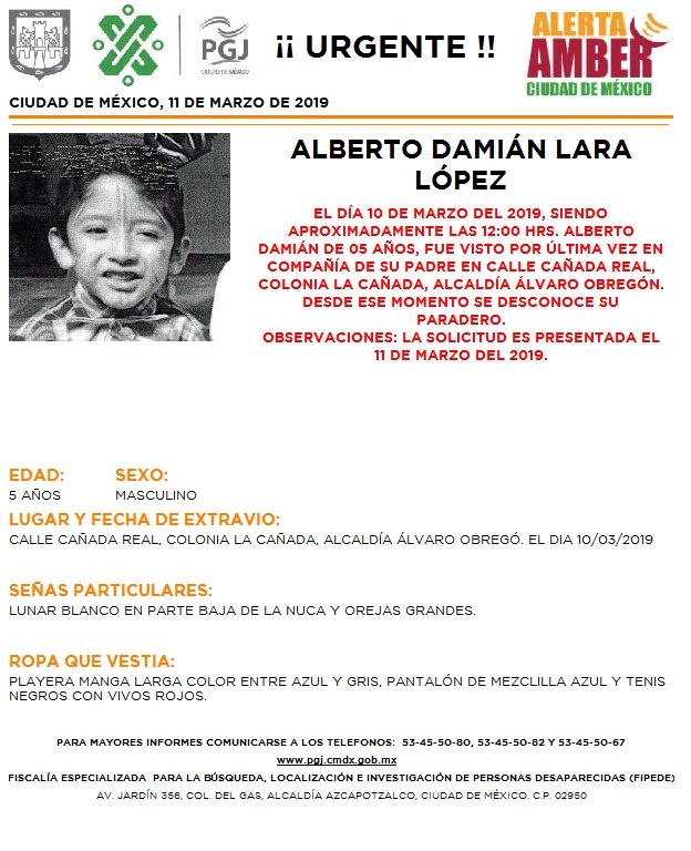 Foto: Alerta Amber para localizar a Alberto Damián Lara López 11 marzo 2019