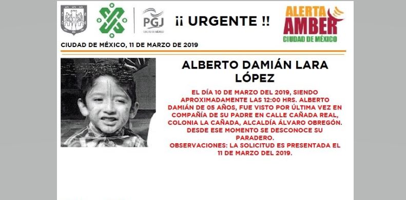 Foto: Alerta Amber para localizar a Alberto Damián Lara López 11 marzo 2019