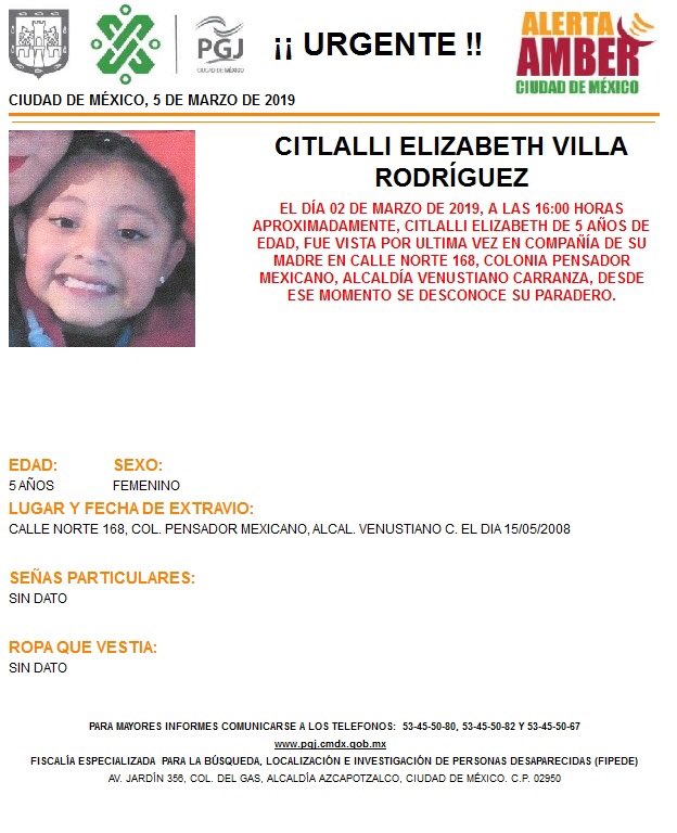 Alerta Amber para localizar a Citlalli Elizabeth Villa Rodríguez.