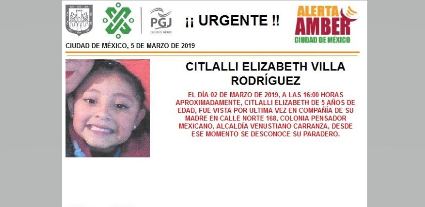 Foto: Alerta Amber para localizar a Citlalli Elizabeth Villa Rodríguez 6 marzo 2019