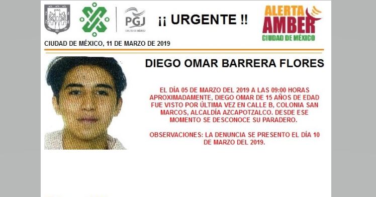 Alerta Amber: Ayuda a localizar a Diego Omar Barrera Flores