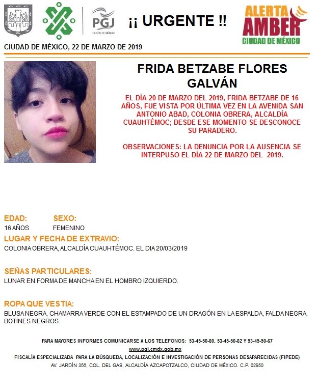 Foto Alerta Amber para localizar a Frida Betzabe Flores Galván 22 marzo 2019