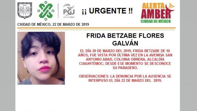 Foto Alerta Amber para localizar a Frida Betzabe Flores Galván 22 marzo 2019