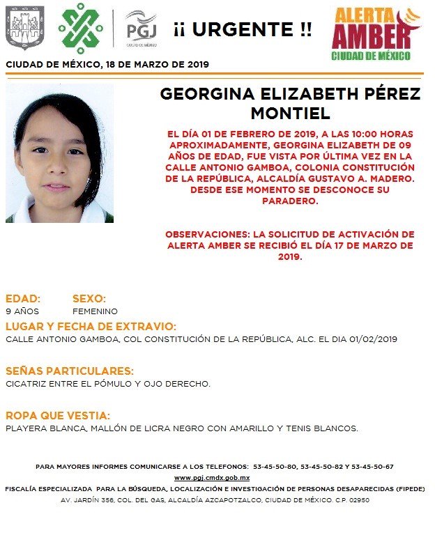 Foto: Alerta Amber para localizar a Georgina Elizabeth Pérez Montie 18 marzo 2019
