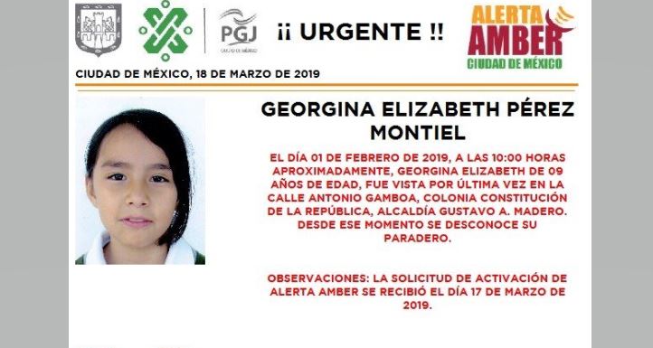Alerta Amber: Ayuda a localizar a Georgina Elizabeth Pérez Montiel