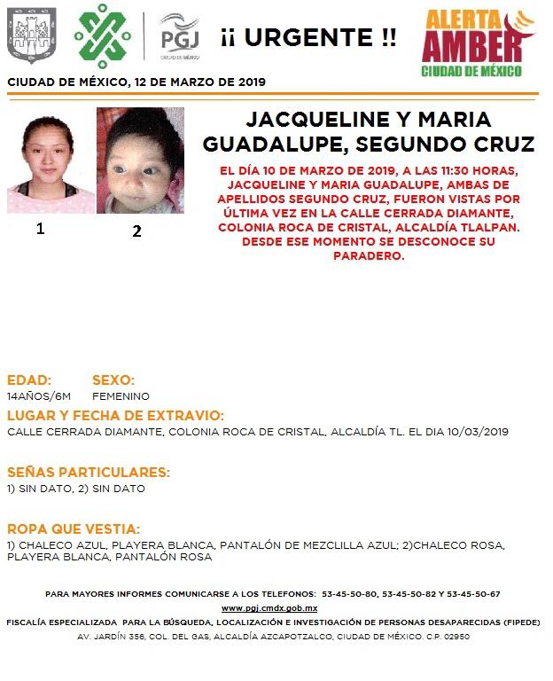 Foto: Alerta Amber para localizar a Jacqueline y María Guadalupe Segundo Cruz 12 marzo 2019