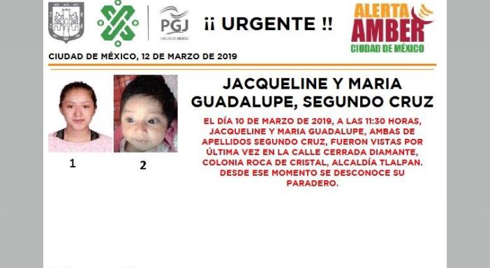 Foto: Alerta Amber para localizar a Jacqueline y María Guadalupe Segundo Cruz 12 marzo 2019