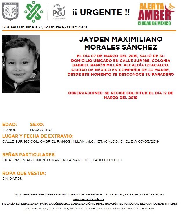 Foto: Alerta Amber para localizar a Jayden Maximiliano Morales Sánchez 13 marzo 2019