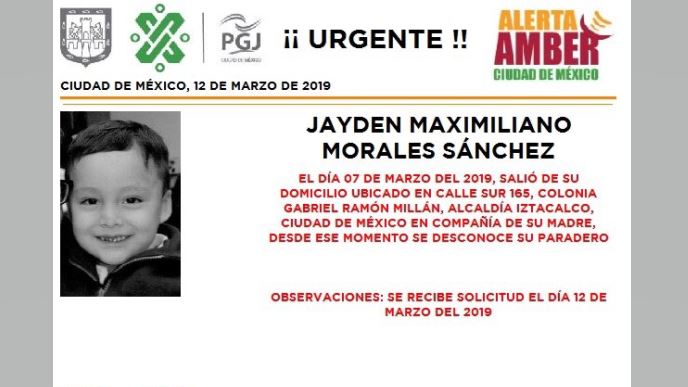Foto: Alerta Amber para localizar a Jayden Maximiliano Morales Sánchez 13 marzo 2019