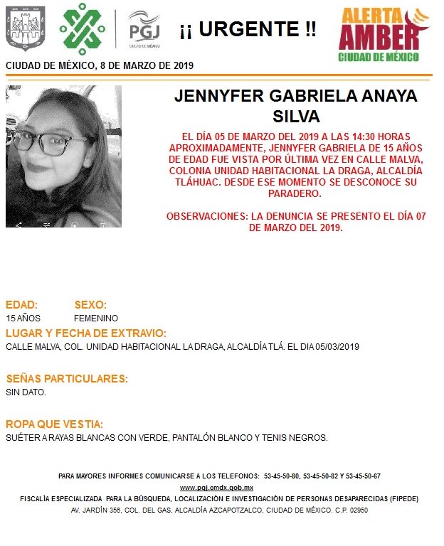 Foto: Alerta Amber para localizar a Jennyfer Gabriela Anaya Silva 8 marzo 2019