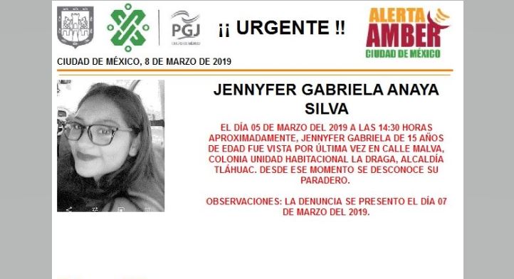 Alerta Amber: Ayuda a localizar a Jennyfer Gabriela Anaya Silva