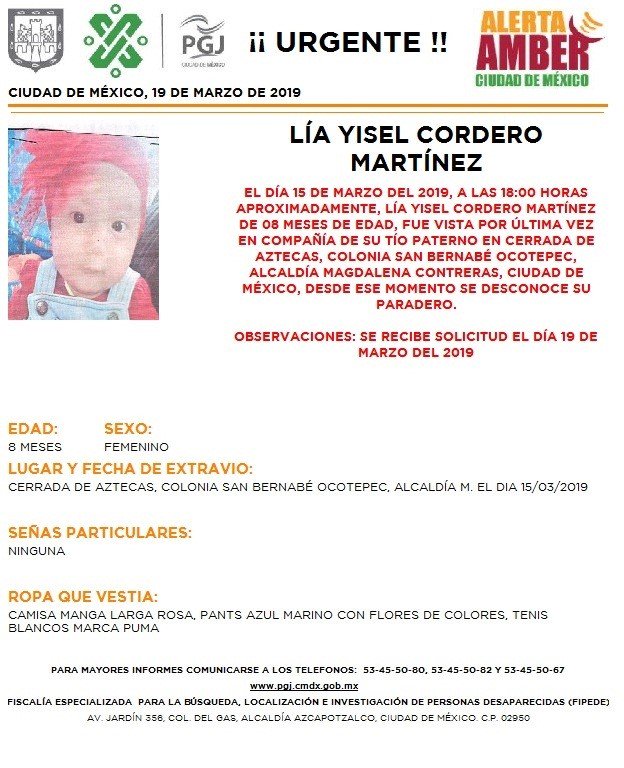 Foto: Alerta Amber para localizar a Lía Yisel Cordero Martíne 19 marzo 2019
