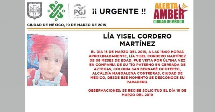 Foto: Alerta Amber para localizar a Lía Yisel Cordero Martíne 19 marzo 2019