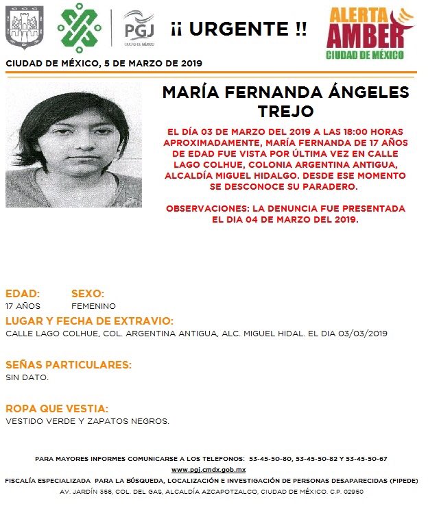 Foto: Alerta Amber para localizar a María Fernanda Ángeles Trejo 6 marzo 2019