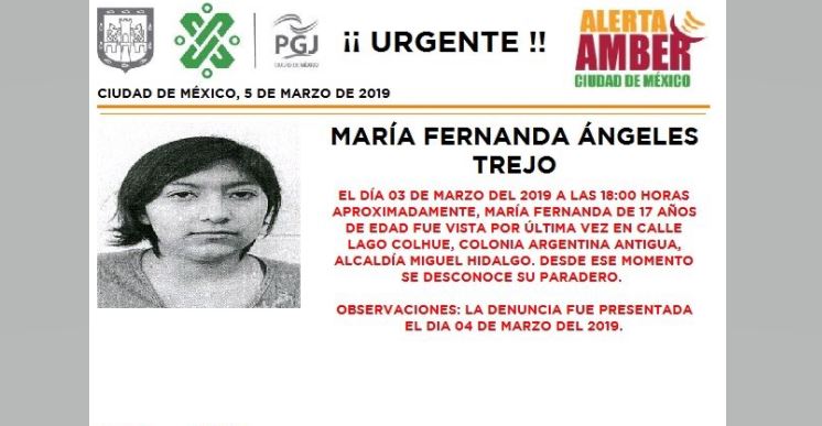 Alerta Amber: Ayuda a localizar a María Fernanda Ángeles Trejo