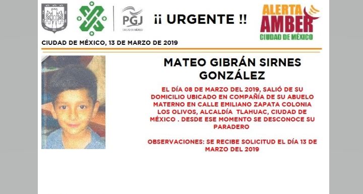 Foto: Alerta Amber para localizar a Mateo Gibrán 13 marzo 2019