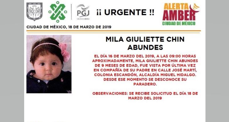 Foto: Alerta Amber para localizar a Mila Giuliette Chin Abundes 19 marzo 2019